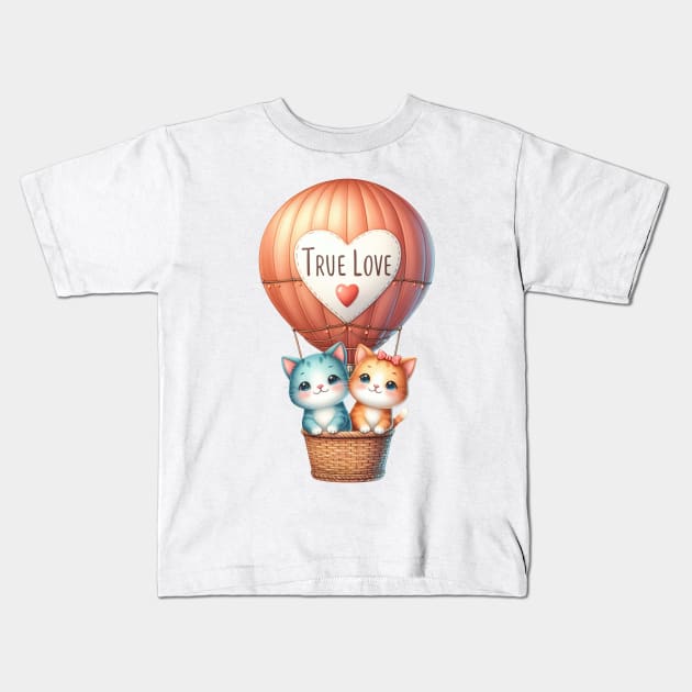 Valentine Cat Couple On Hot Air Balloon Kids T-Shirt by Chromatic Fusion Studio